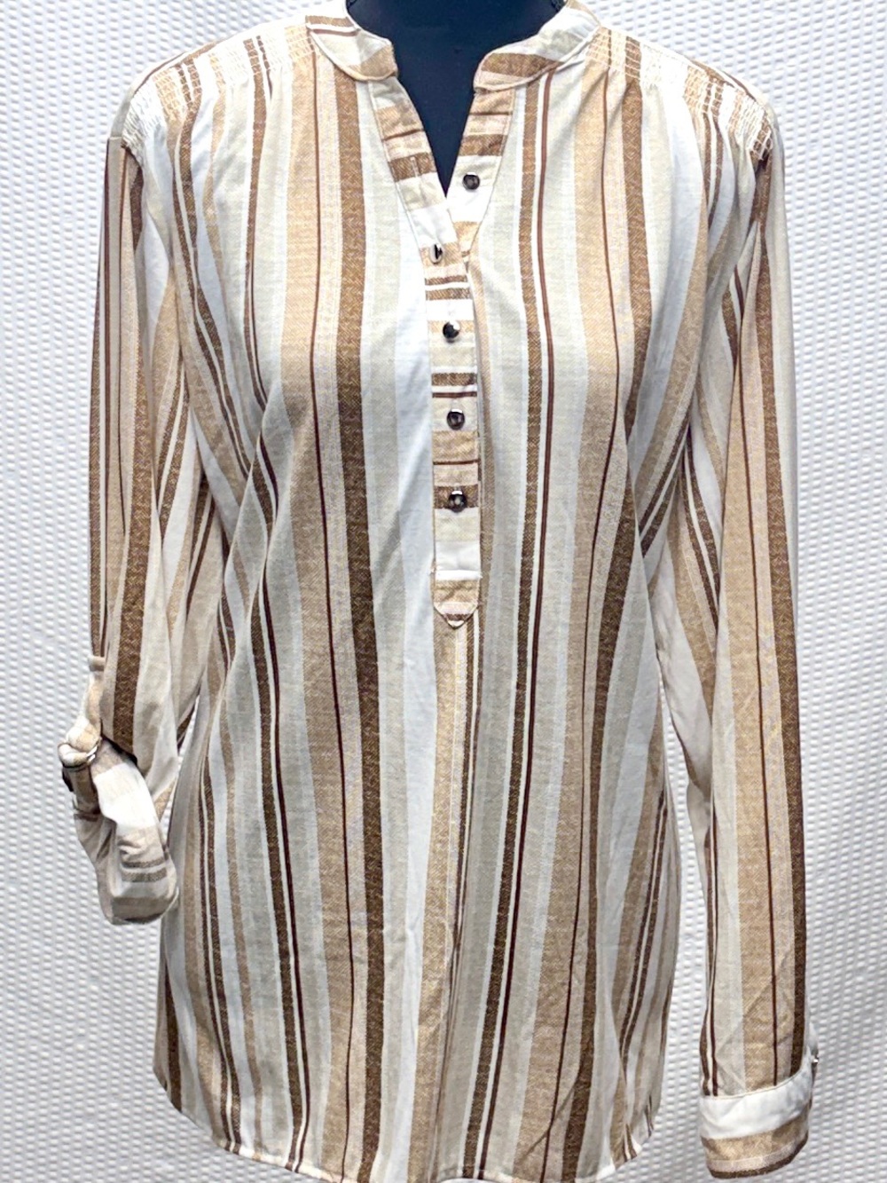 Love Potion Striped Henley Blouse Ivory Taupe Roll Sleeve Women’s 2X